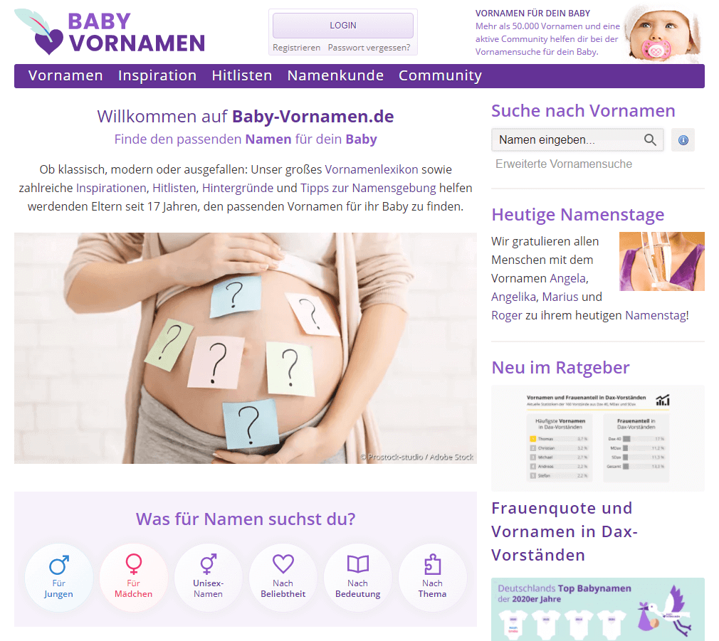 Screenshot der Website Baby-Vornamen.de